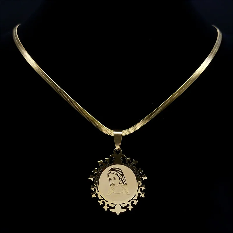 Religious Virgin Mary Prayer Necklaces for Women Men Stainless Steel Gold Color Christianity Medal Necklaces Jewelry N6263S02