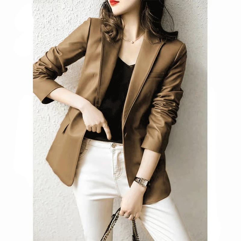 2024 New Haining Sheepskin Temperament Suit Collar Slim Leather Women's Suit Coat