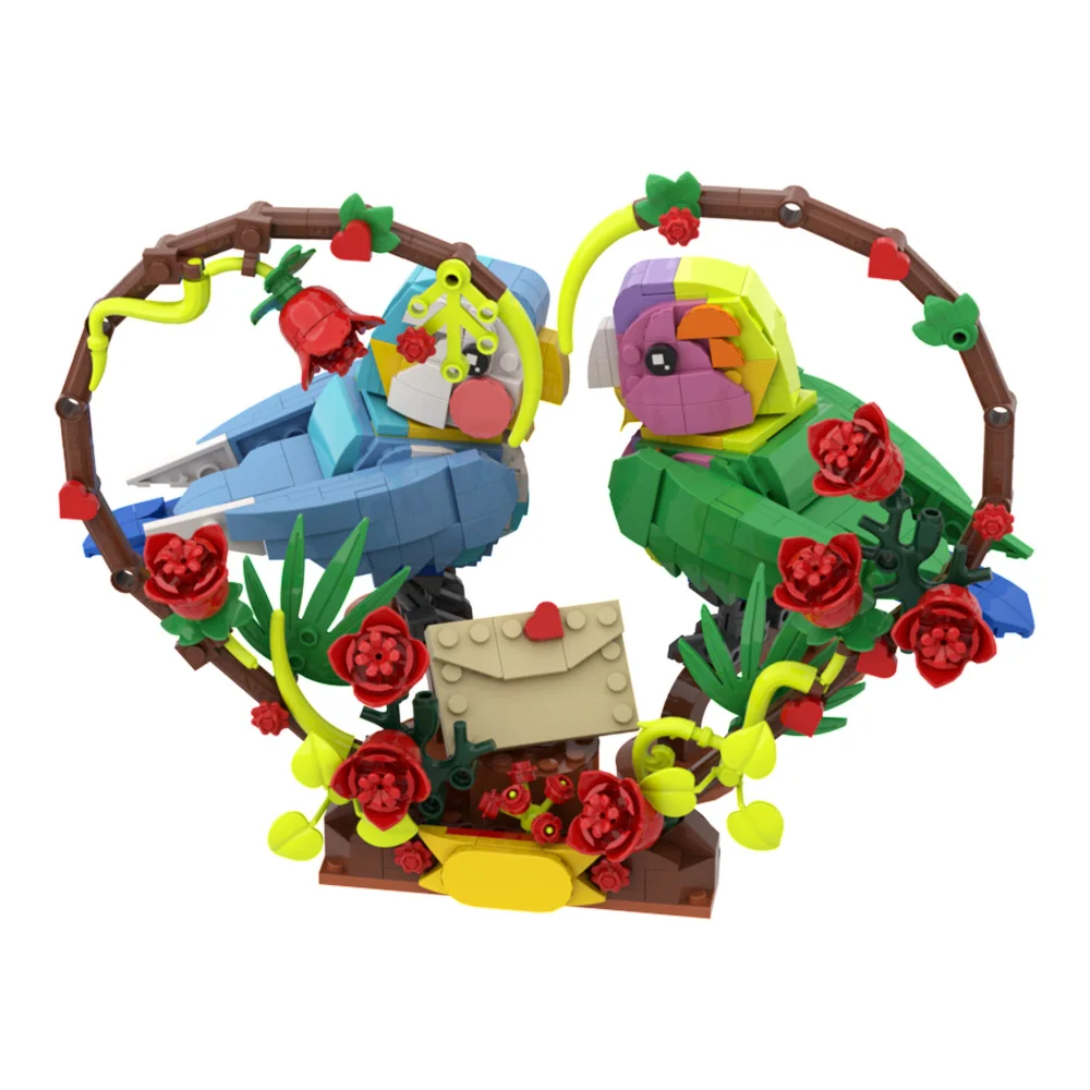 MOC Love Bird ชุด Building Blocks Love Letter รูปหัวใจสีแดง Rose Parrot ดอกไม้นกสัตว์อิฐของเล่นของขวัญวันวาเลนไทน์