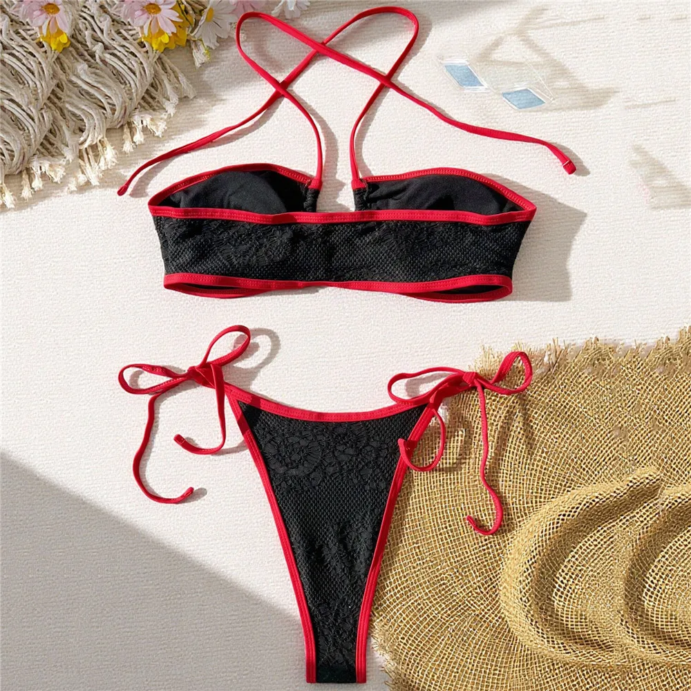 ชุดว่ายน้ำบิกินี่ไมโครที-แบ็คสีดำเซ็กซี่ ผ้าลูกไม้ผูกเชือก ชุดว่ายน้ำผู้หญิงแบบผูกคอ ปี 2026 ชุดว่ายน้ำผู้หญิง ชุดบิกินี่ผู้หญิง