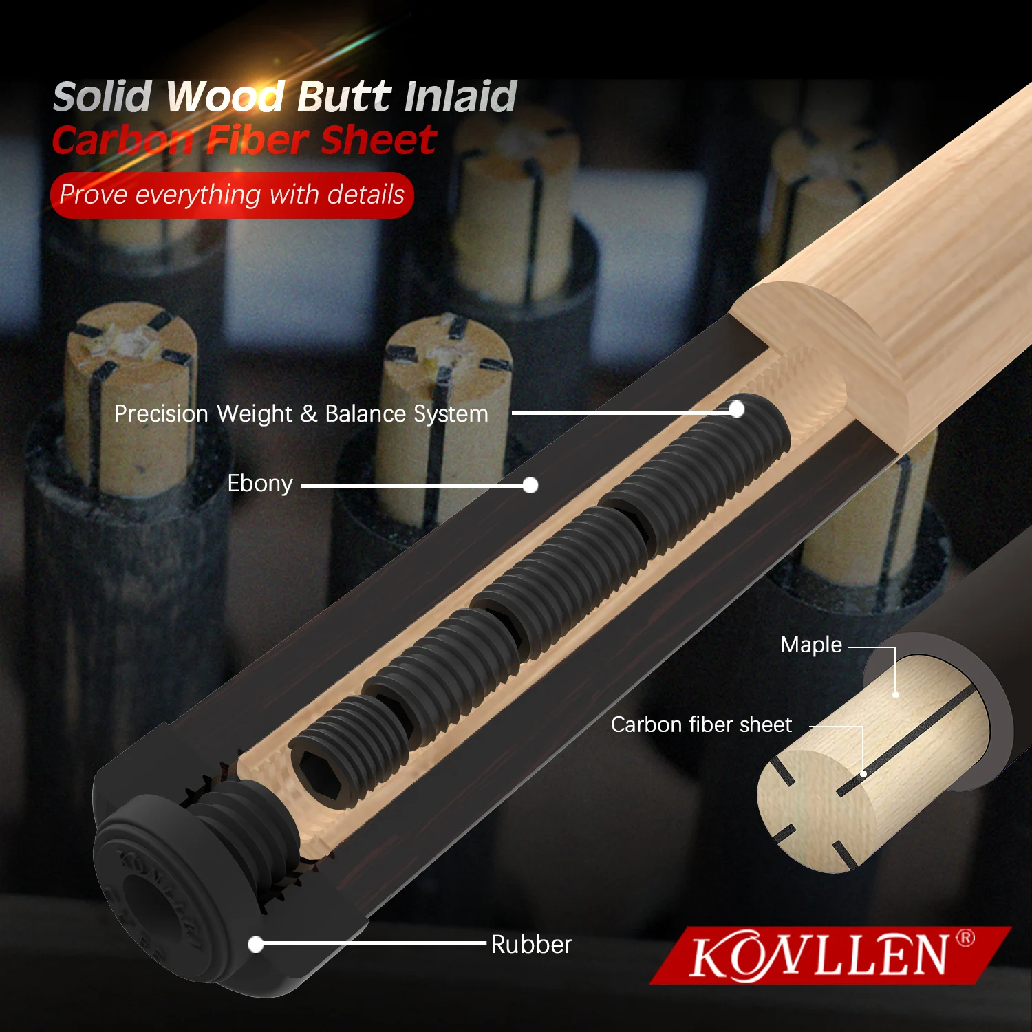 KONLLEN Carbon Fiber Pool Cue Stick PRO Taper Shaft Super Low Deflection Billiard Pool Cue Ebony Hand-Made Inlay Billiard Cues