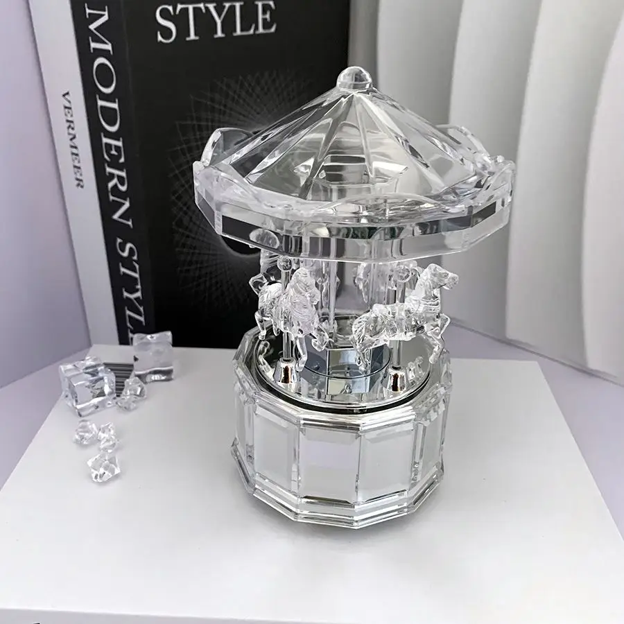 Clear Acrylic Rotating Carousel Music Box - Wind-Up Merry-Go-Round Ornament, Ideal Birthday/Christmas/Valentine Gift