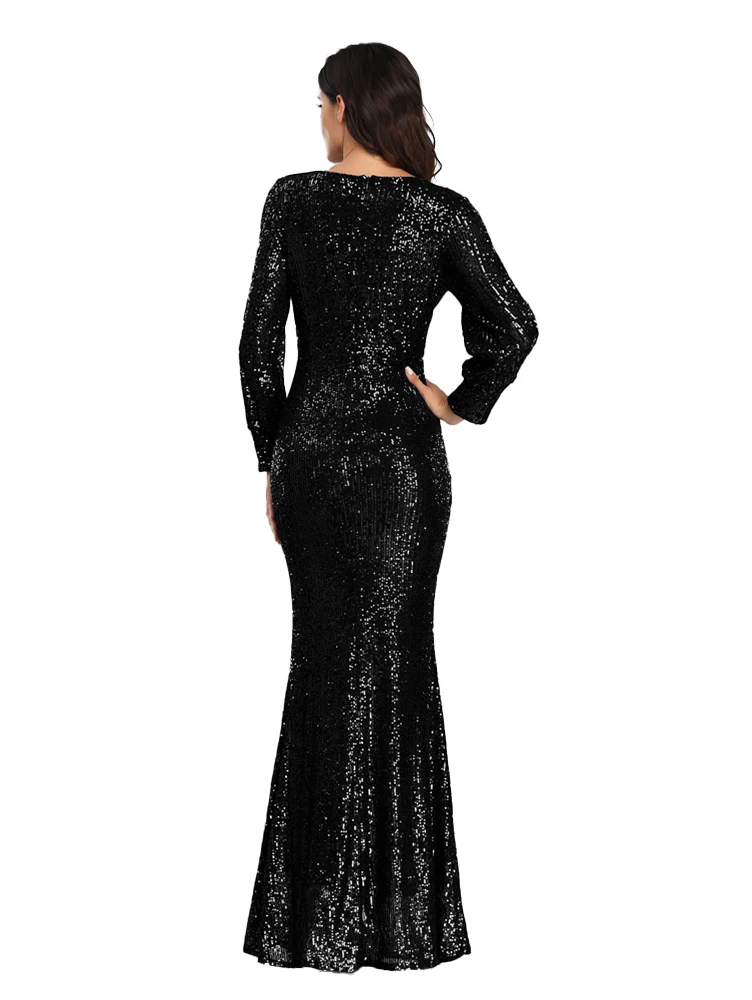 Ladies Party Evening Dress Long Sleeve V Neck Sequin Mermaid Group Evening Dress Female Personalized Sleeve Design Stage Catwalk