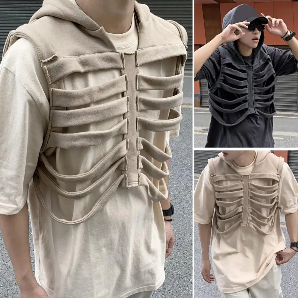 

Men Hooded Vest Retro Hooded Vest Coat for Men American Hip-hop Skull Rib Design Solid Color Pullover Style Jacket Skull Rib
