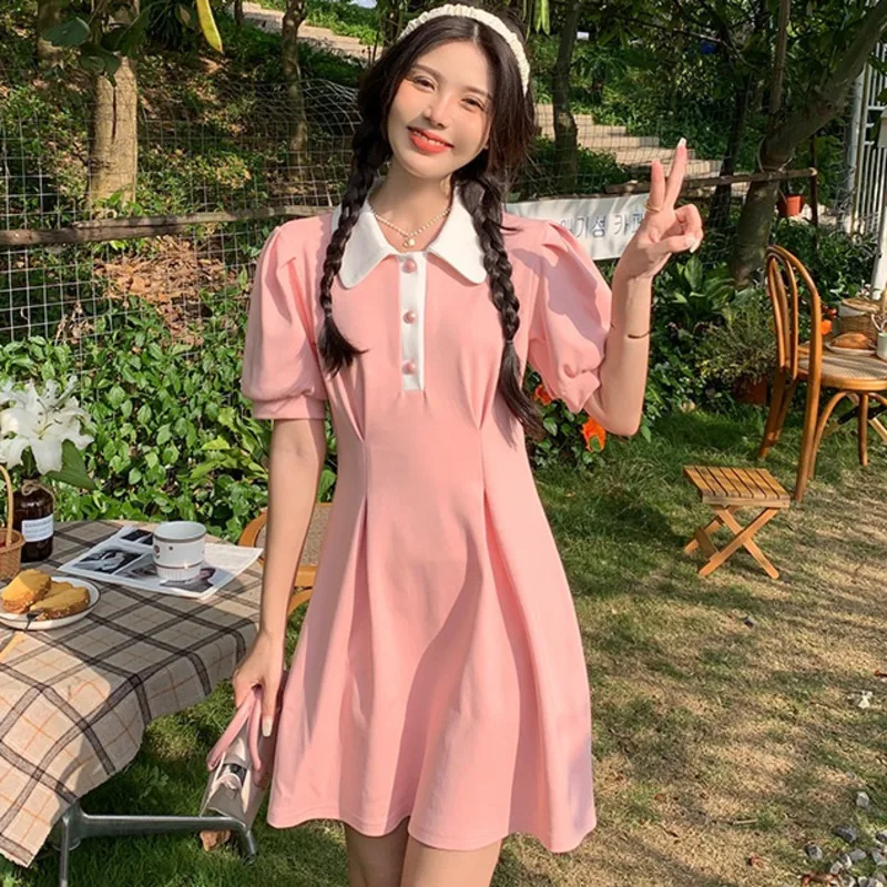 

Summer Mini Dress Women Puff Sleeve Pink Sweet A-line Daily Vestido Female Korean Style Fashion Casual Young Girls Cute Dresses