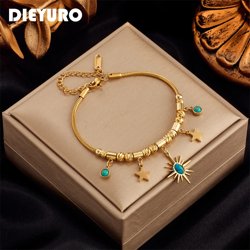 

DIEYURO 316L Stainless Steel Gold Color Green Stone Sun Star Charm Bracelet For Women Vintage Girl Body Jewelry Gift Браслет