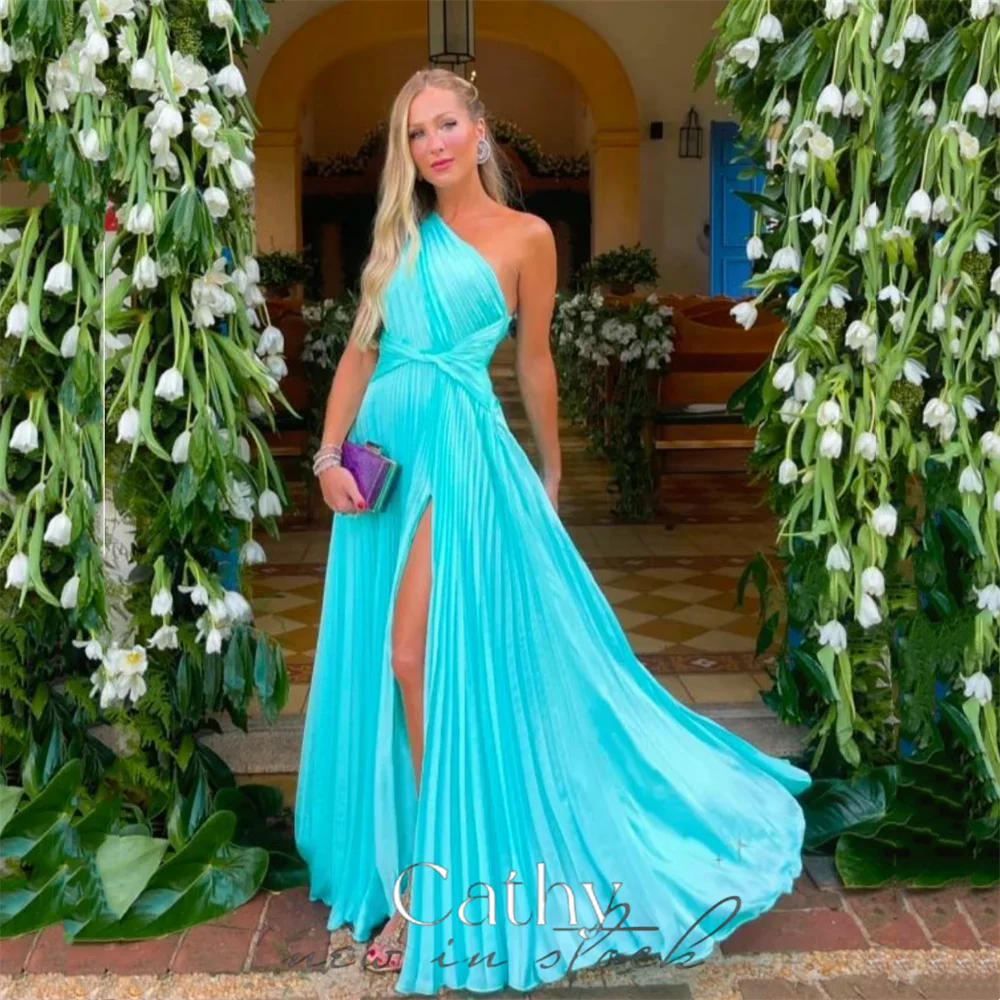 Cathy Light Blue One Shoulder فساتين سهره فاخره 2023 Pleats Chiffon A-line Vestidos De Noche Sexy Side Split Prom Dresses