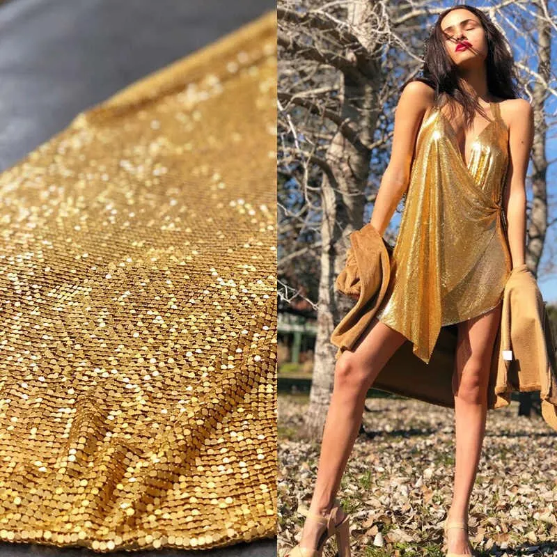 Gold Metal Aluminum Sequin Mesh Fabric, Garments Dress