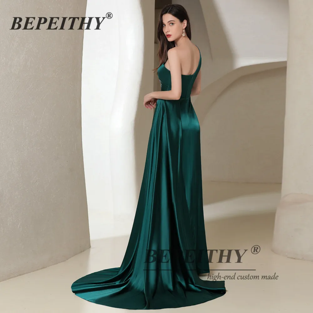 BEPEITHY Customized One Shoulder Dark Green Evening Dress For Women 2023 Ladies Dresses For Special Occasions Satin Prom Dress