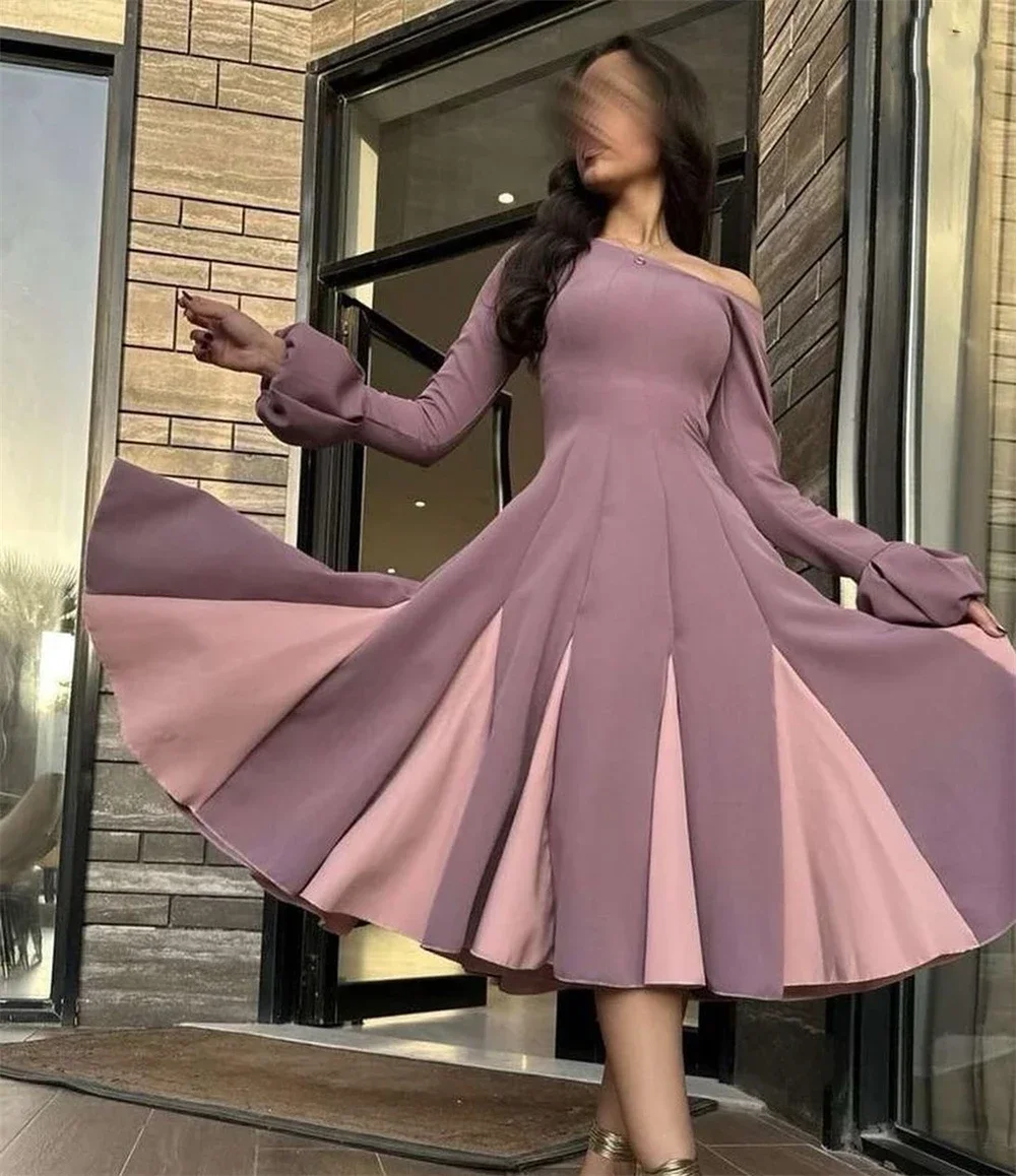 

Prom Dress Saudi Arabia Modern Style Formal Evening One-Shoulder Tea-Length A-line Draped Satin Party Gowns for Women Customized