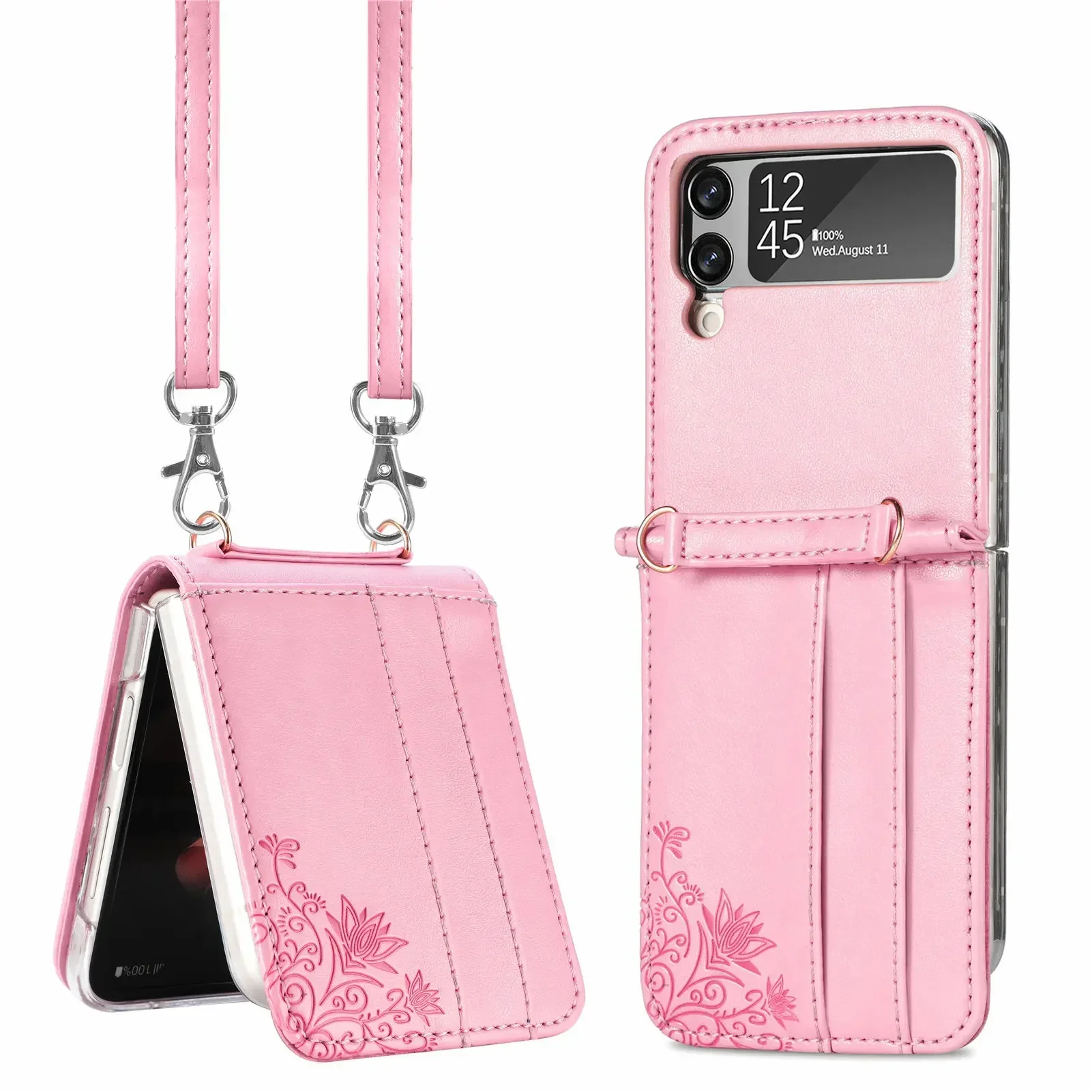 

Crossbody Phone Case for Samsung Galaxy Z Flip 4 3 5G Flower Cards Slot Shockproof Leather Back Cover with Lanyard Phone Case