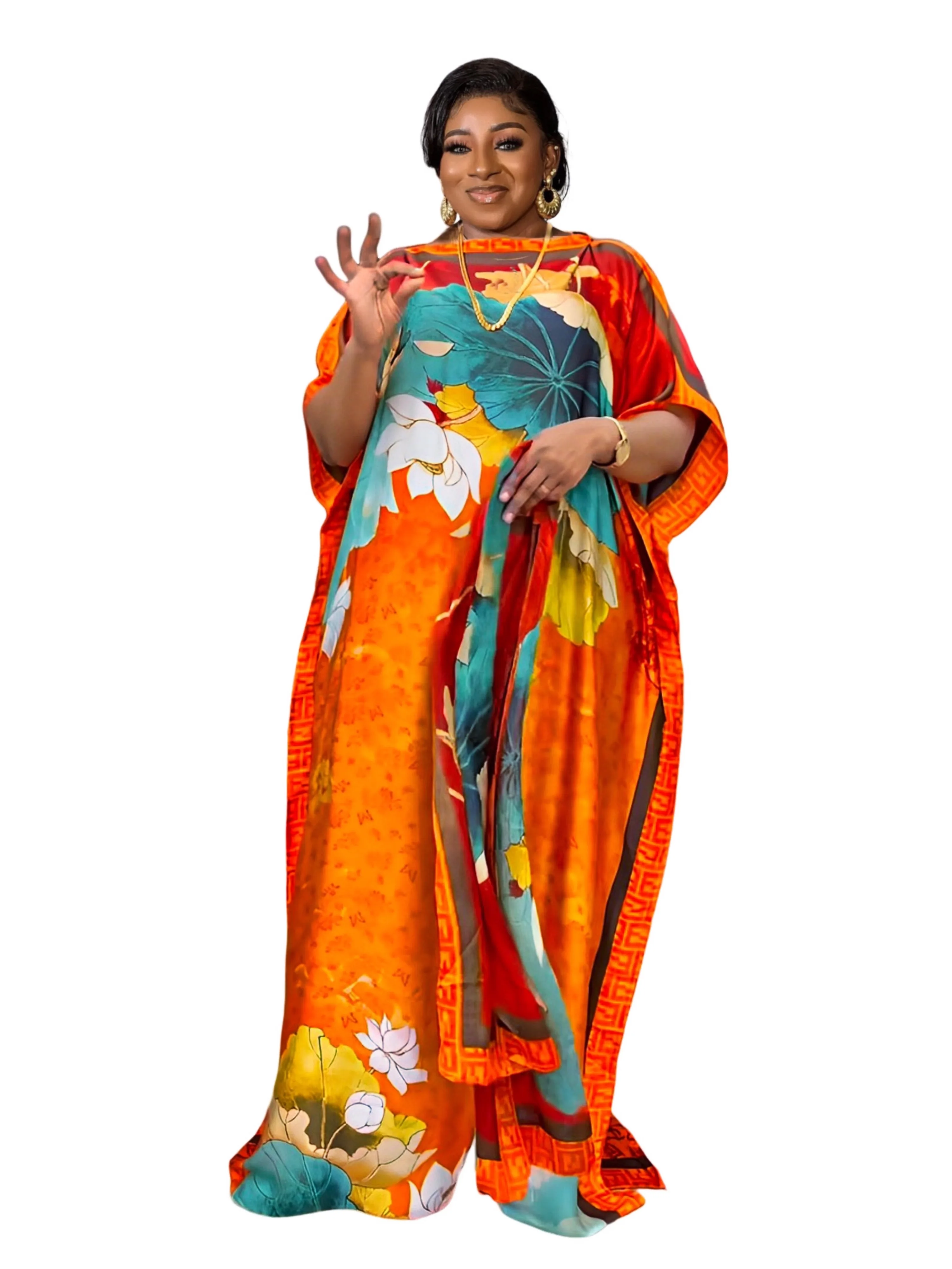 

Women's Elegant Kaftan Dress, Plus Size Tie Dye Floral Print Batwing Sleeve Round Neck Maxi Dress