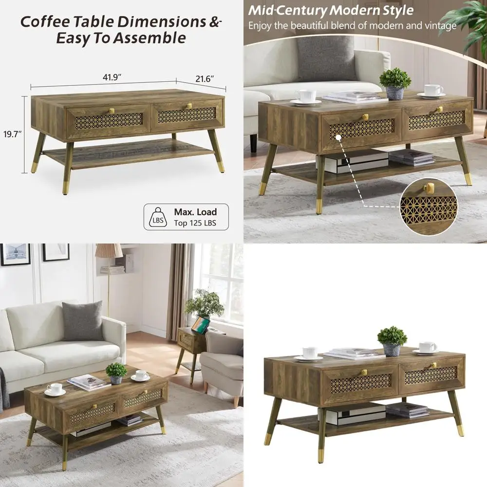 

Rustic Oak Coffee Table with Storage Drawers and Open Shelf, Vintage-Style Center Table for Living Room