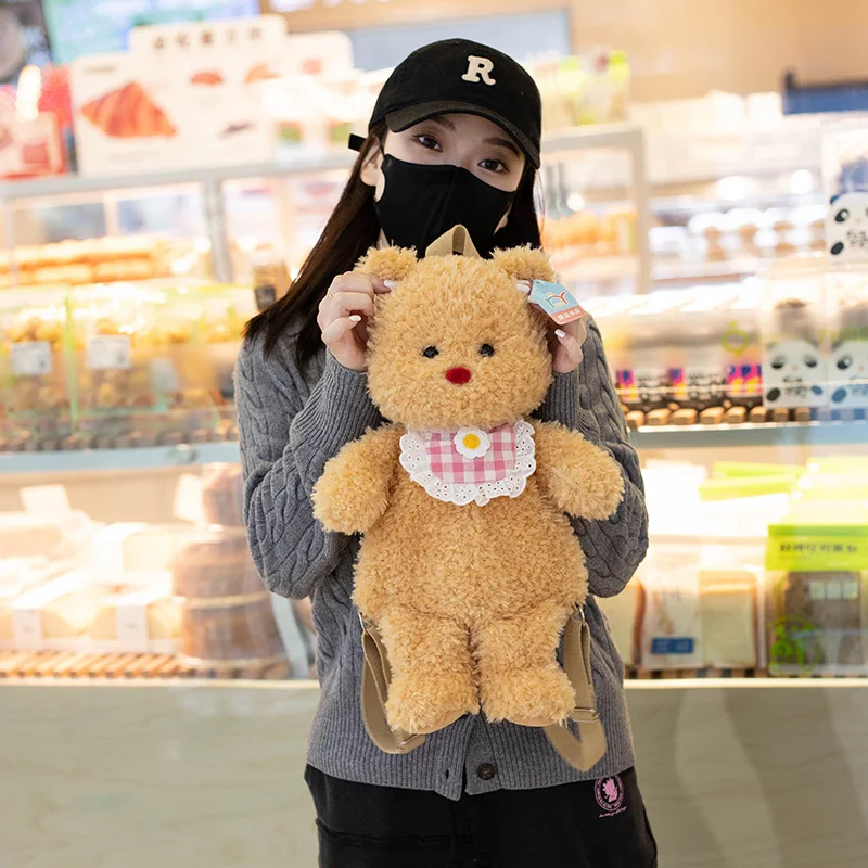 부드러운 버터 테디 베어 봉제 배낭, 카와이 턱받이 동물 더블 숄더백, 다크 브라운 및 화이트 지갑, 배송 가방 선물, 43x22x12cm