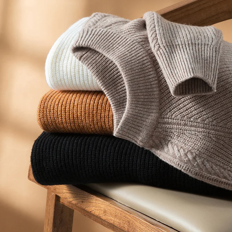 سترة رجالية سميكة شتوية جديدة بلوفر نصف رقبة مستديرة عالية محبوك سترة صوف قميص قاعدة دافئ