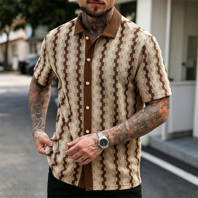 Men's Vintage Plaid Knit Short Sleeve Shirts Lapel Collar Button Casual Daily Streetwear Camisa Masculina Loose Summer Tops