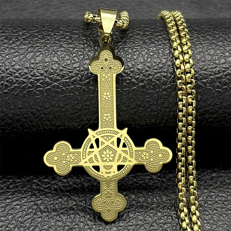 Gothic Punk Hexerei Pentagramm Umgekehrtes Kreuz Anhänger Halskette für Frauen Männer Edelstahl Silber Farbe Stern Kette Schmuck – Detail 4
