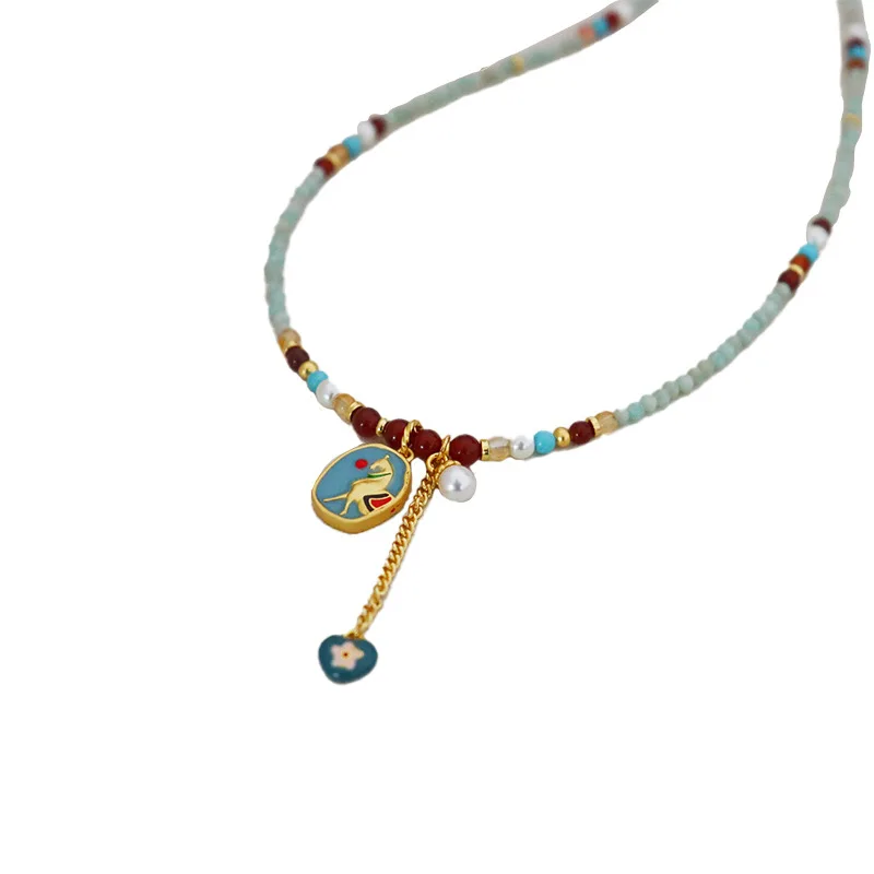 

Autumn Winter New Chinese Style Fashion Retro Colored Oil Dropping Beaded Necklace Versatile High-end Collarbone Chain for Women