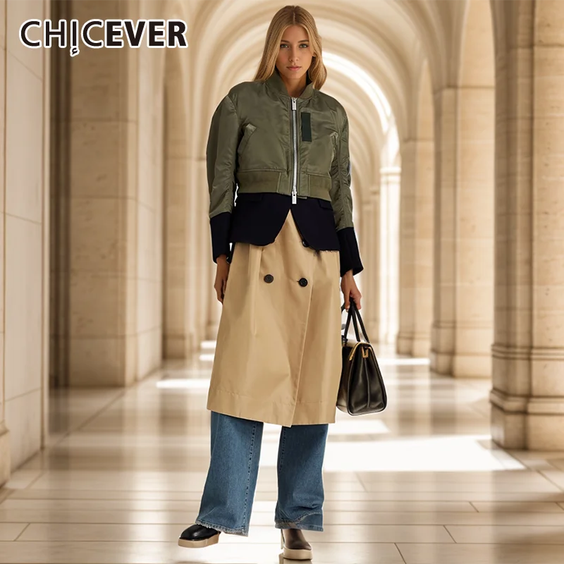 

CHICEVER Irregular Patchwork Zipper Long Jackets For Women Stand Collar Long Sleeve High Waist Hit Color Coat Female Clothes New