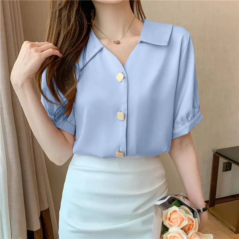 Women\'s Clothing 2023 Fashion Casual Office Lady Loose Solid Thin Summer Turn-down Collar Button Elegant Short Sleeve Blouses