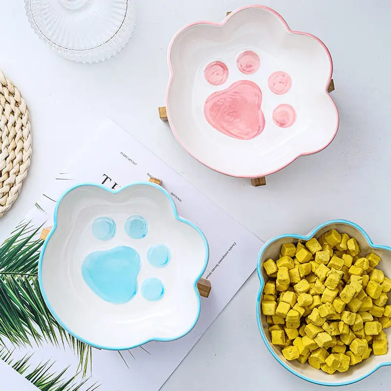 Cute Ceramic Pet Cat Bowl High-Footed Shallow Mouth Bowl Anti-Overturning Neck Protection Food Pot Kitten Pet Supplies