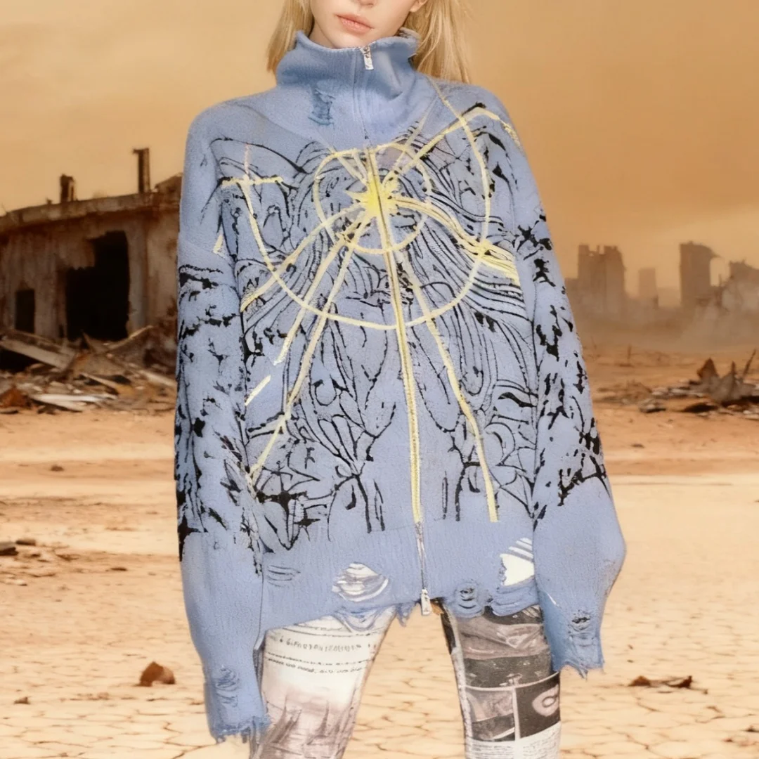 Y2K Angel Cartoon Print Zipper Destruction Style Sweater American Autumn Winter High Street Casual Knitting