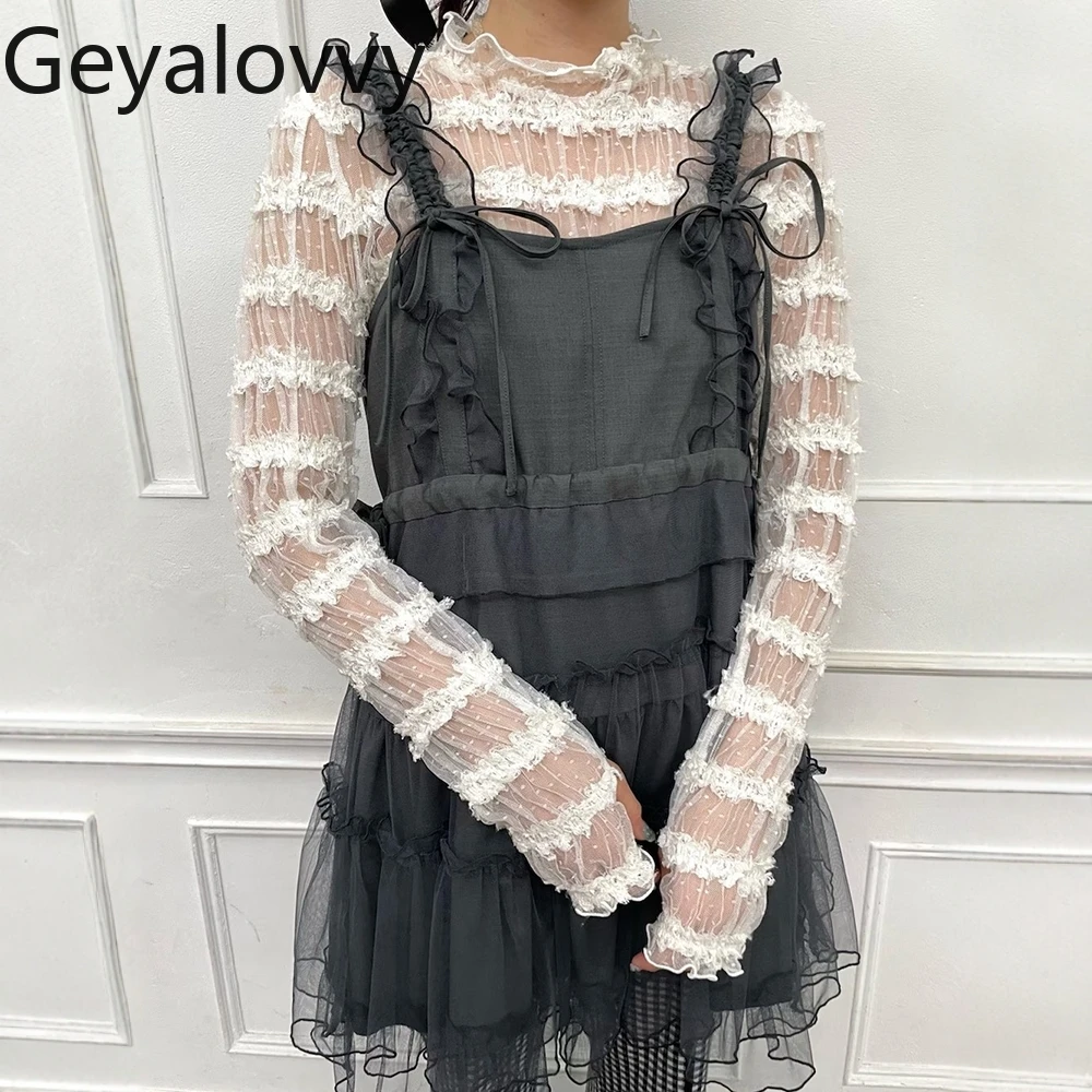 เสื้อยืดแขนยาวสไตล์ญี่ปุ่น ผ้าชีฟองยืดหยุ่นสูง แต่งระบายหวานๆ สำหรับผู้หญิง ใช้เป็นเสื้อตัวในได้หลากหลาย