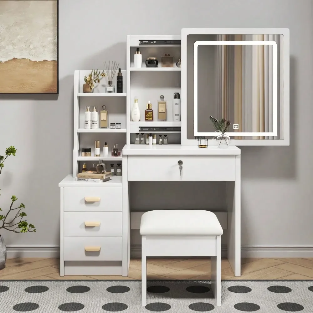 

Туалетный столик с подсветкой, зеркалом и табуретом, косметический стол с выдвижным LED-зеркалом, 3 цветовые варианта, туалетный столик с 4 ящиками и полками