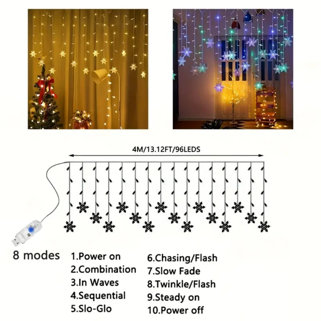USB Christmas Snowflake Light String LED Decorative Curtain Light 8-Function Room Wall Decoration Fairy Light Christmas Decor
