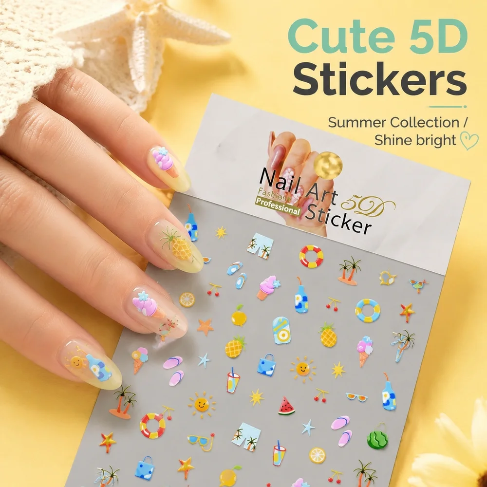 1Pc Mixed Summer Ocean Pattern 5D Nail Decals Raised Swim Ring Shell Fruit Stickers Professional Beach Nail Salon Accessories