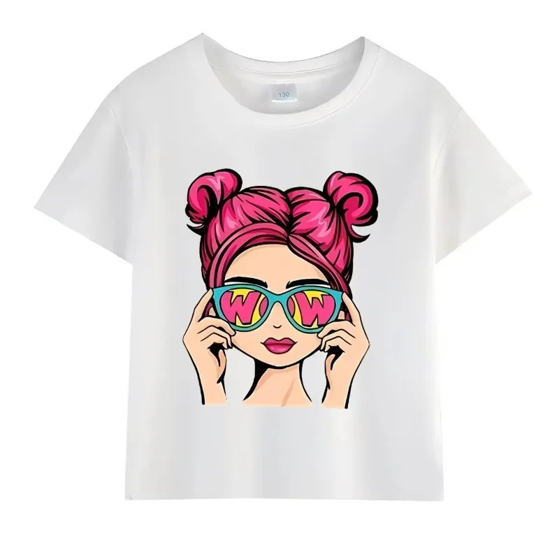 

2025 Summer New Girls 100%Cotton T-shirt Cartoon Short Sleeve White T-Shirt Round Neck Top Cute Graphic Tops Kids Funny Tees