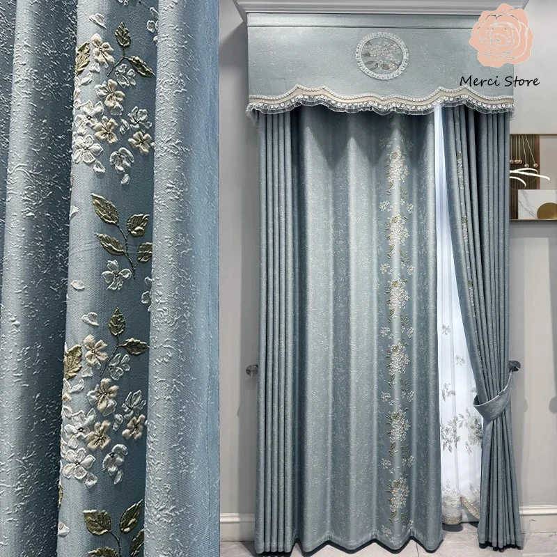 

Luxury Embroidery Blue Relief Craftsmanship Exquisite Curtains for Bedroom Living Room Balcony High Customized Villa Drapes
