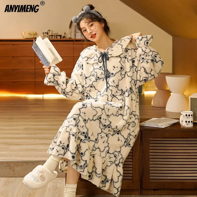 Winter Thick Velvet Nightgowns for Women Plus Size M-4XL Thermal Long Sleep Dress Kawaii Bear Girl Teddy Soft Velvet Nightdress