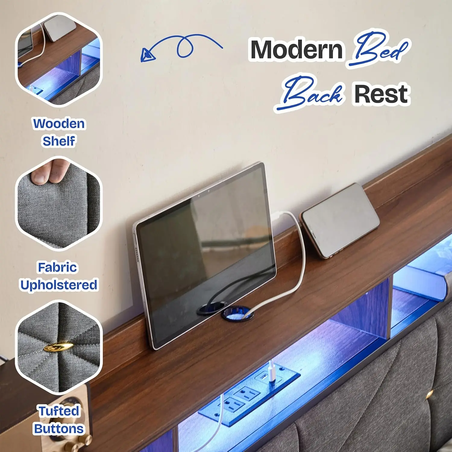 King Upholstered Platform Bed Frame with Headboard, Charging Station, Dual LED Light Strips, 2-Tier Storage Shelves, Heavy Duty Metal Construction, Noise-Free, No Box Spring Needed, Black view 6