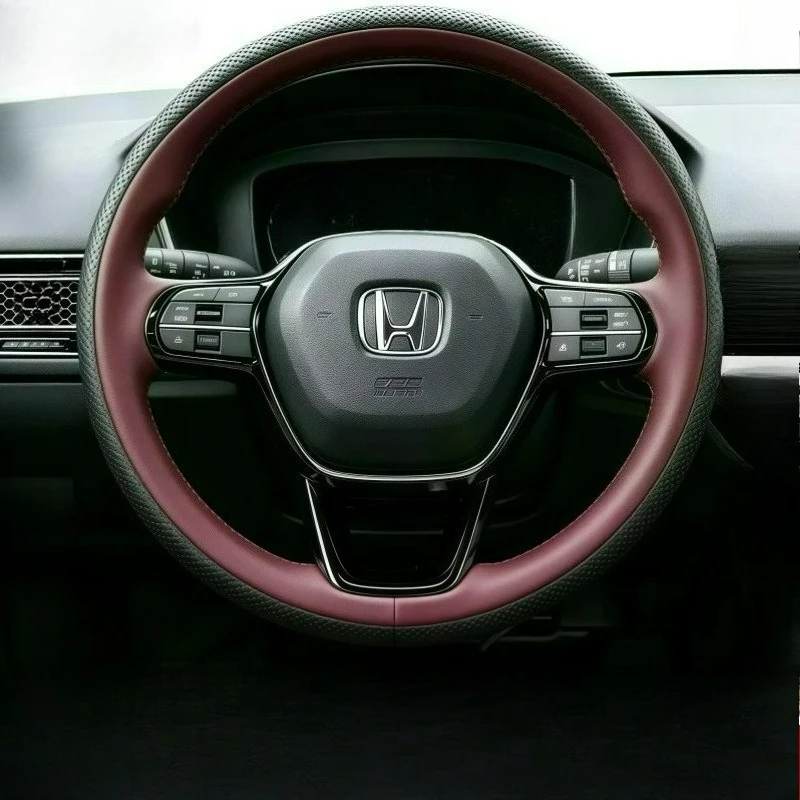 Hand Stitched renovation wear-resistant black Wine red leather car Steering wheel cover For Honda Civic ZR-V CR-V 2022–2026