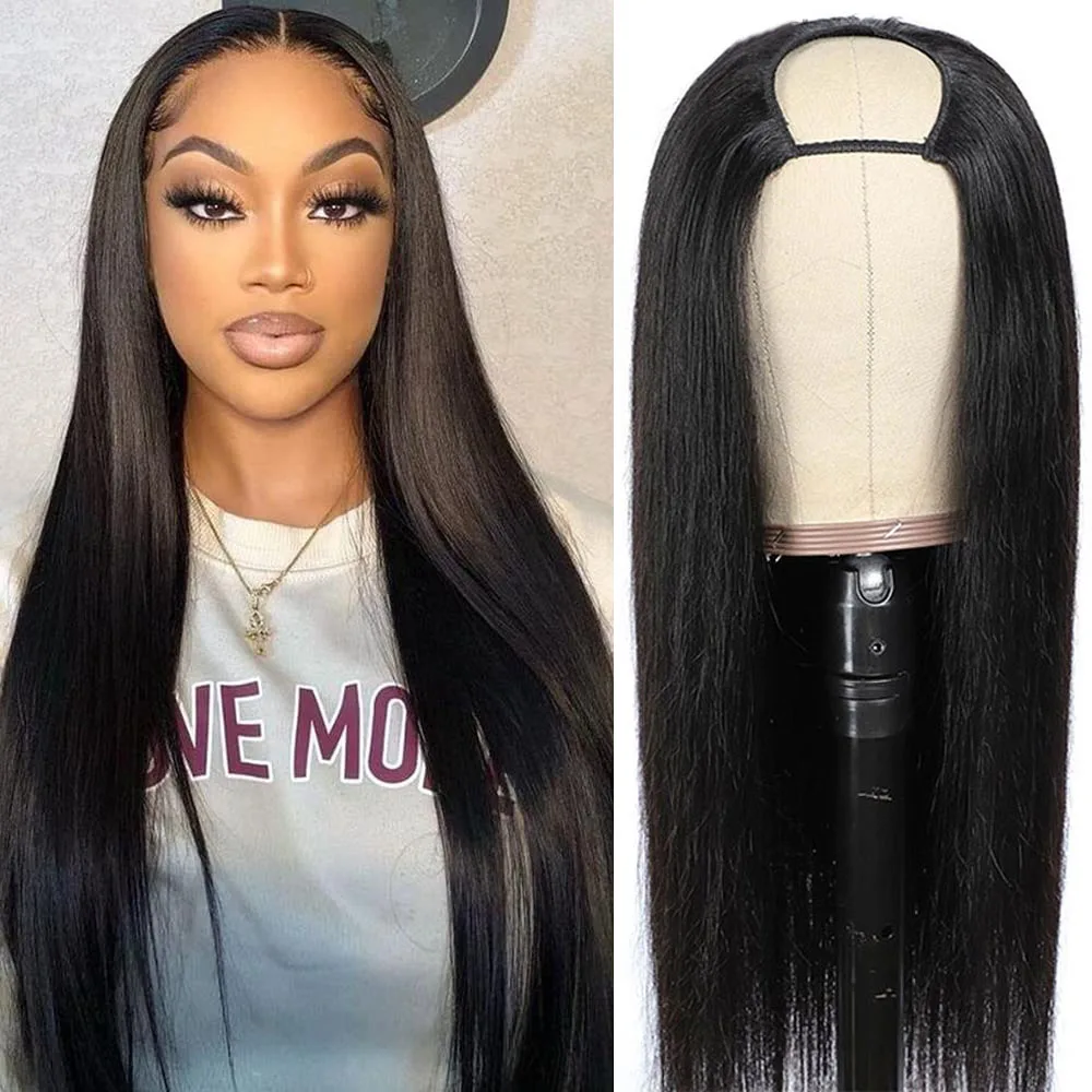 

Bone Straight Indian Raw Human Hair Wig 180% Density Straight U Part Wig None Lace Glueless Wholesale Price For Black Women