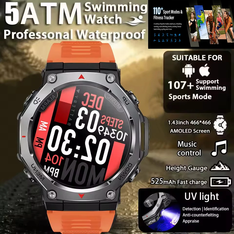 

New Military Outdoor Sports Smart Watch Men GPS Motion Track 5 ATM Waterproof Heart Rate HD Bluetooth Call Smartwatch For Xiaomi