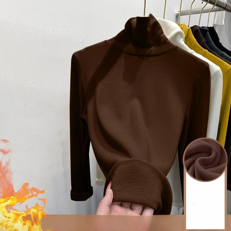 Winter-Damen-Top mit Stehkragen und dicker Samtbasis, langärmeliges T-Shirt für Frühling und Herbst, lässige Slim-Fit-High-Neck-warme Jacke