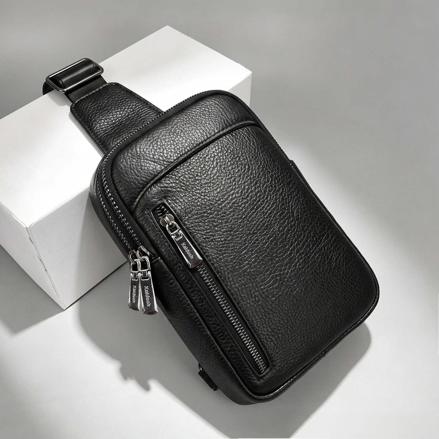 Men Genuine Leather Sling Chest Bag, Multi Zipper Pocket Small Crossbody Shoulder Bag, Portable Cell Phone Fanny Pack