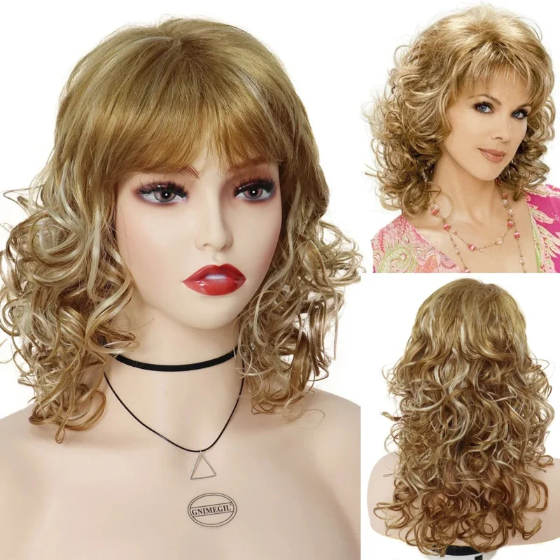 GNIMEGIL Synthetic Wigs for Women Blonde Long Curly Hair Wig with Bangs Mix Messy Blond Blend Wig Mommy Cosplay Dolly Parton Wig