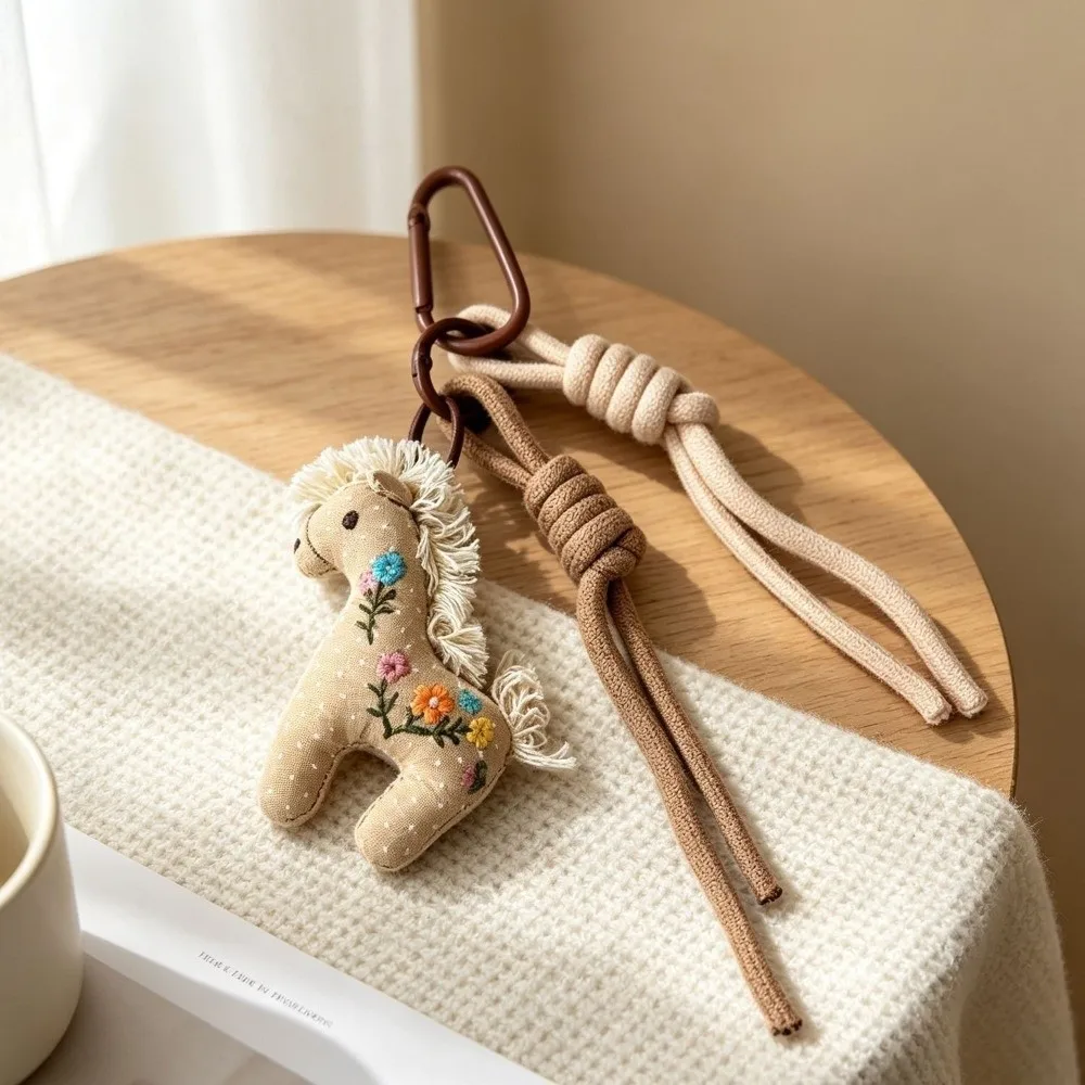 Vintage Polyester Cloth Animal Keychain Cotton Soft Texture Plush Pendant Braided Lanyard Cartoon Backpack Charm Girl