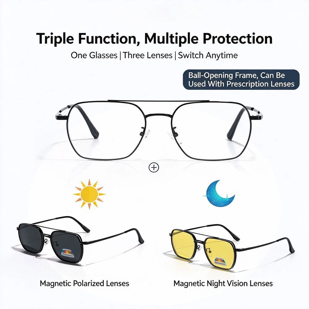 CATERSIDE Men Magnetic Clip On Prescription Glasses Flip Up Cover 3-In-1 Women Glasses Outdoor Driving Polarized Glasses Uv400