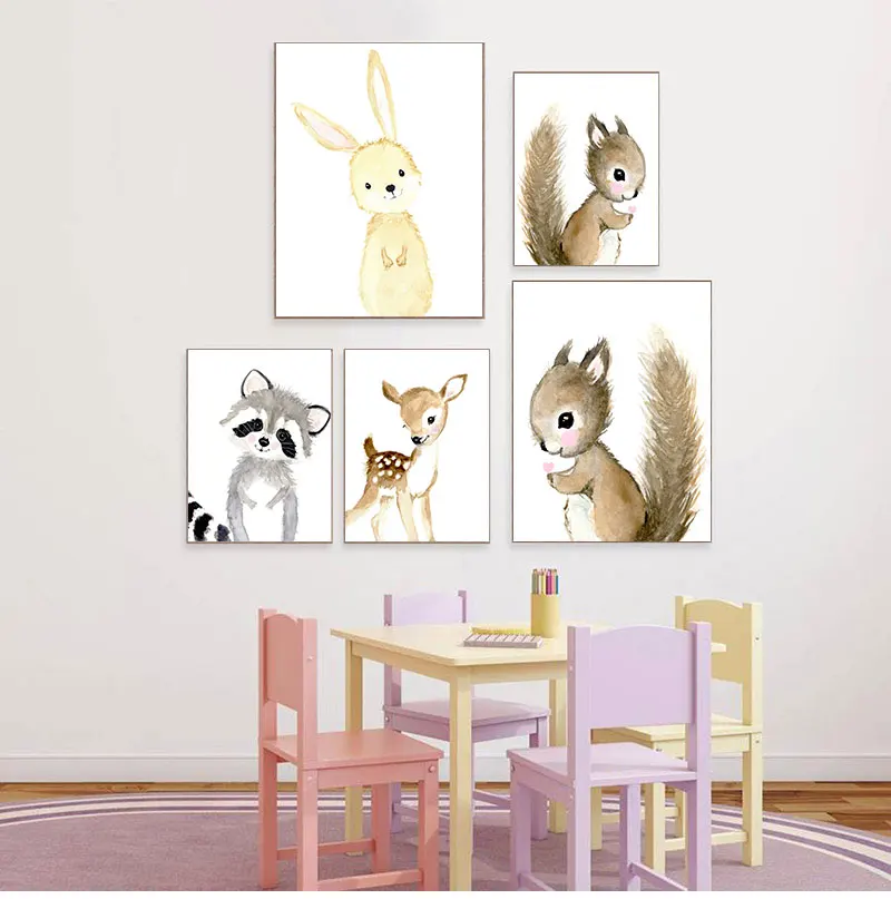 Nursery Woodland Wall Art  Rabbit Deer Canvas Painting Baby Animal s and Prints Neutral Squirrel Pictures for Living Room