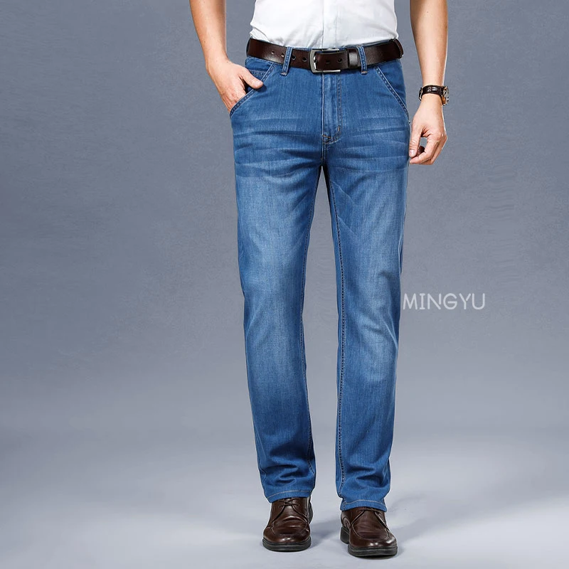 Brand Clothing High Quality Summer Cotton Men's Jeans Classic Business Straight Work Denim Black Pants Trouser Male Plus Size 40