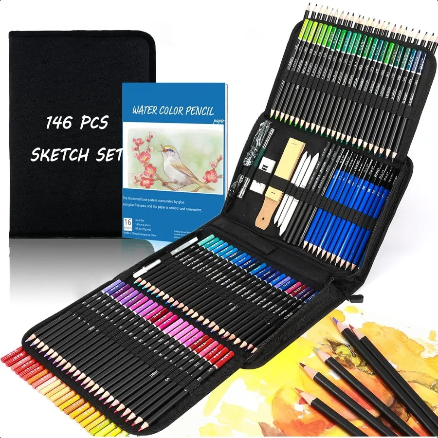 

146Pcs Drawing and Sketching Colored Pencils Set Art plies Include Sketch Charcoal Colored Metallic Watercolor Graphite Mark Pe