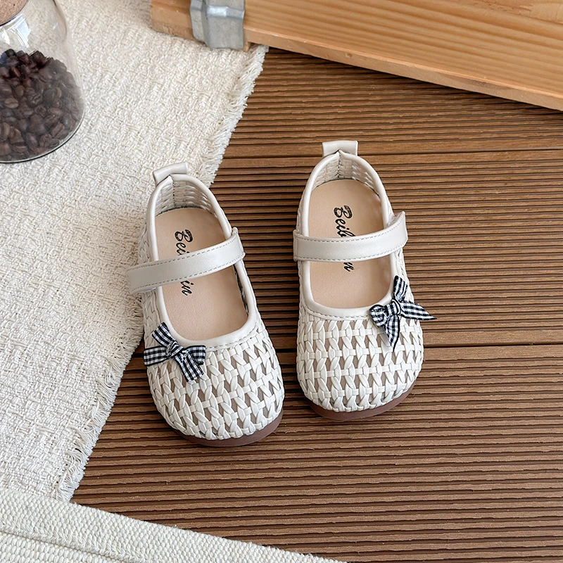Kids Girl Hollow Woven Mary Jane Shoes Plaid Bow Decor Soft Non Slip Rubber Sole Casual Flat Shoes for Toddler Daily Party Dress