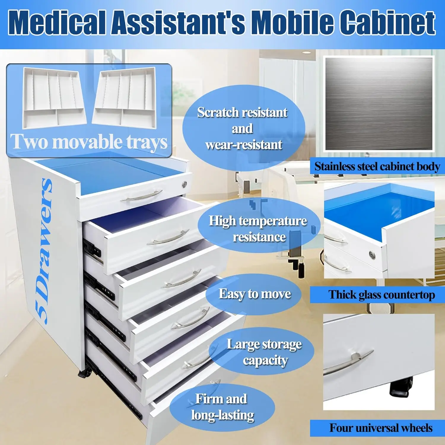 5 Drawers Storage Cabinet Utility Assistant'S Mobile Cabinet Stainless Steel Moving Side Cabinet Storage Trolley Cart With Two