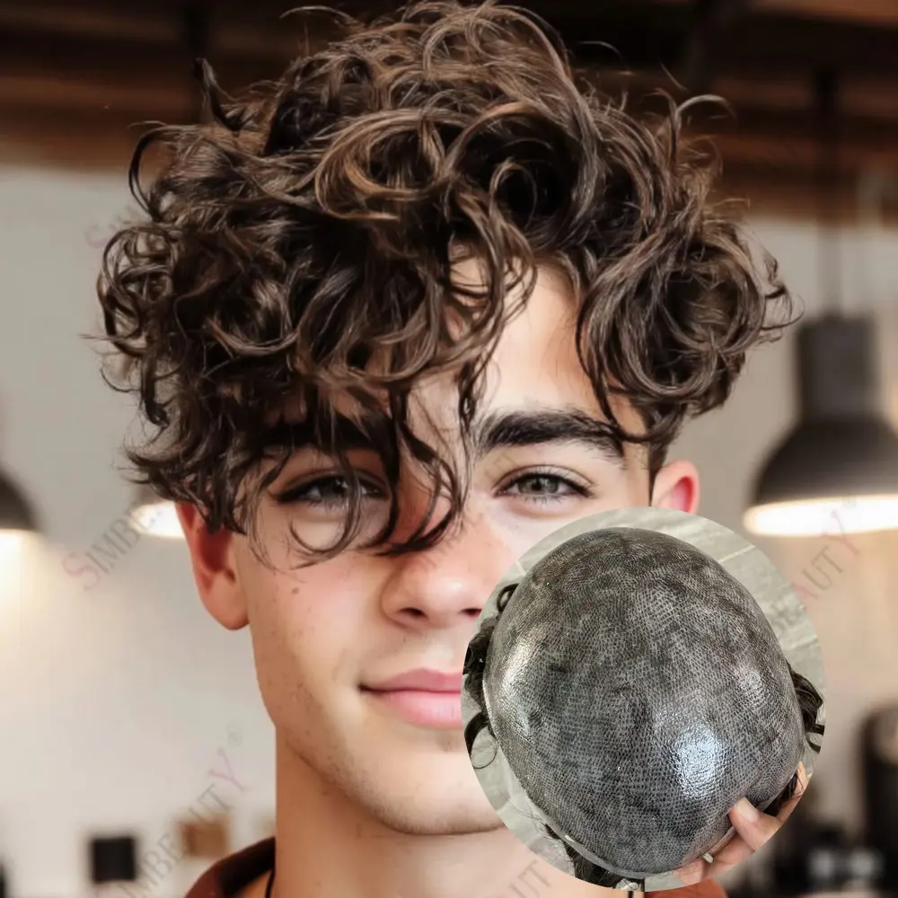 28MM Loose Curly Men's Super Durable Thin Skin PU Base Human Hair Toupee Replacement System Machine Injected Prosthesis For Man
