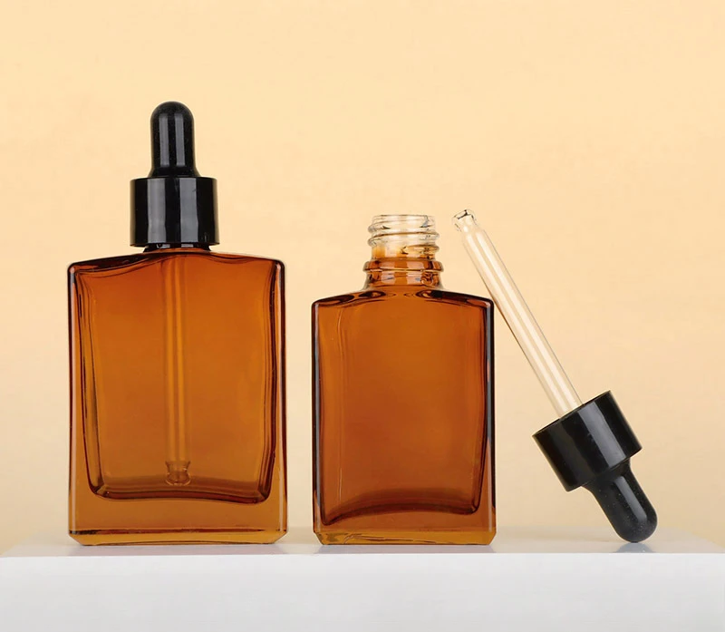 ‌Amber Flat-Shoulder Rectangular Essential Oil Dropper Bottle – 30ml/50ml Refillable Glass Container
