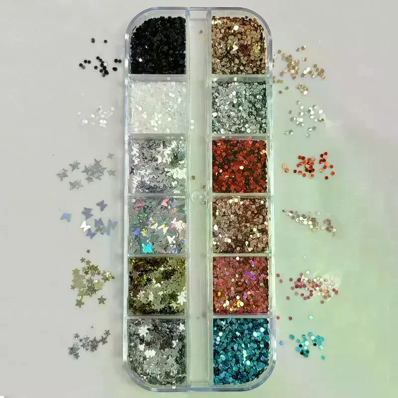 12 Grids Mini Polka Dot Sequin Butterfly Star Heart Glitter Powder Nail Art Charms Decorations Mixed Sticker Manicure Tool